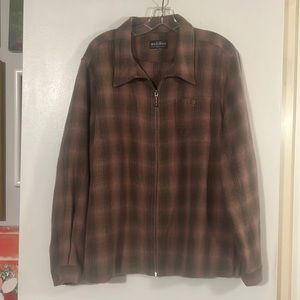 Woolrich muted pink and gray plaid zip front jacket.